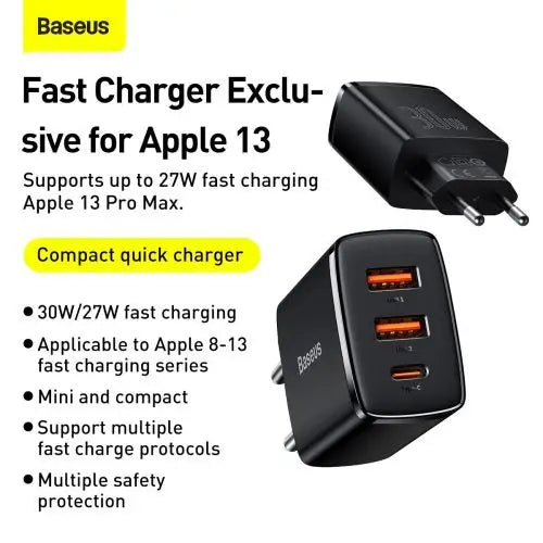 Charger Baseus Compact Quick Charger 2xUSB USB-C PD 3A 30W (czarna) - Travel