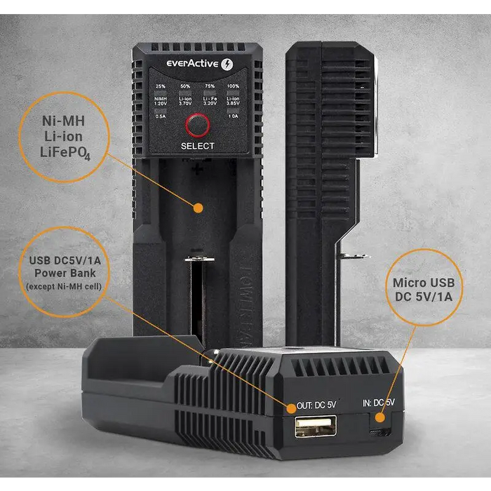 Charger for LiIon/NiMh batteries 3.7v/1.2v universal 1 socket USB micro UC-100 EverActive - Зарядни устройства и