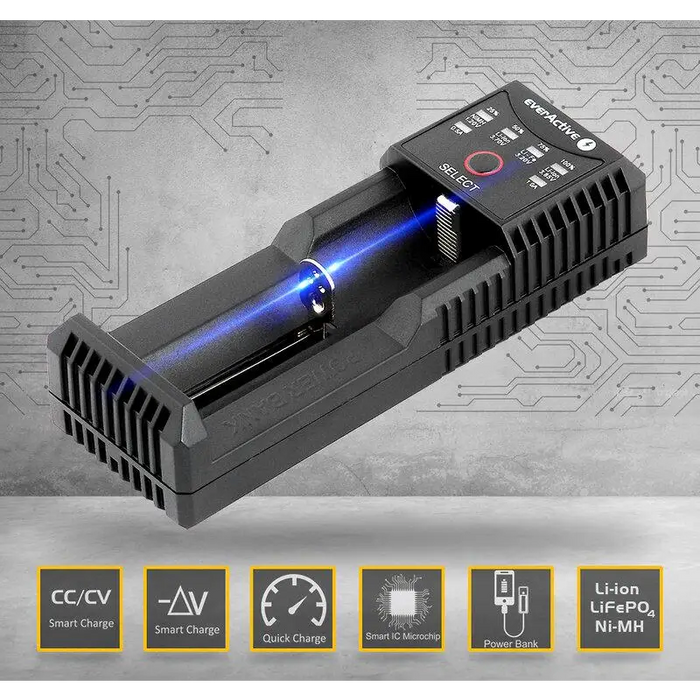 Charger for LiIon/NiMh batteries 3.7v/1.2v universal 1 socket USB micro UC-100 EverActive - Зарядни устройства и