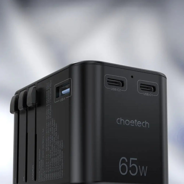 Choetech PD5009-BK GaN EU/US/UK/AU Travel Adapter 2x USB-C USB-A 65W PD - Black - Cell phone USB charger<<<HurtelXML