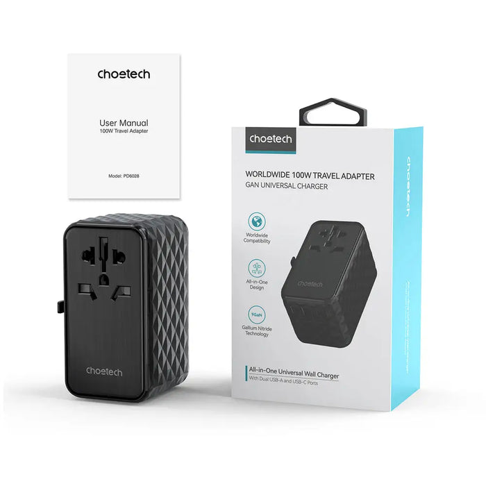 Choetech PD6028 EU / US / AUS / UK travel adapter 2x USB-C 2x USB-A 100W - black - Cell phone USB charger<<<HurtelXML