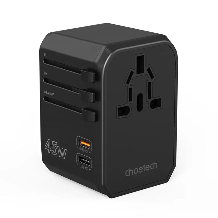 Choetech PD6045 USB-C USB-A 45W GaN Travel Charger with US EU UK AU Plugs - Black - Cell phone USB charger<<<HurtelXML