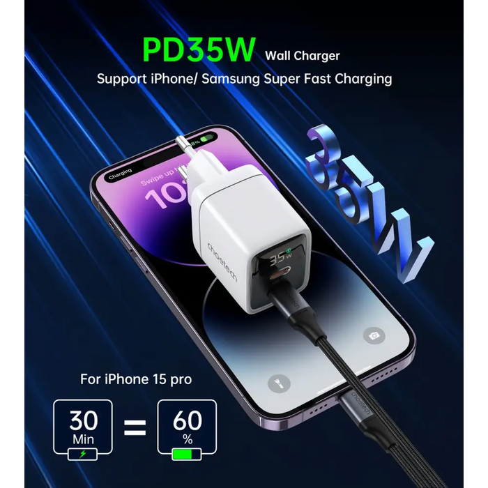 Choetech PD6051 2x USB-C PD 35W GaN wall charger with display - white - Cell phone USB charger<<<HurtelXML