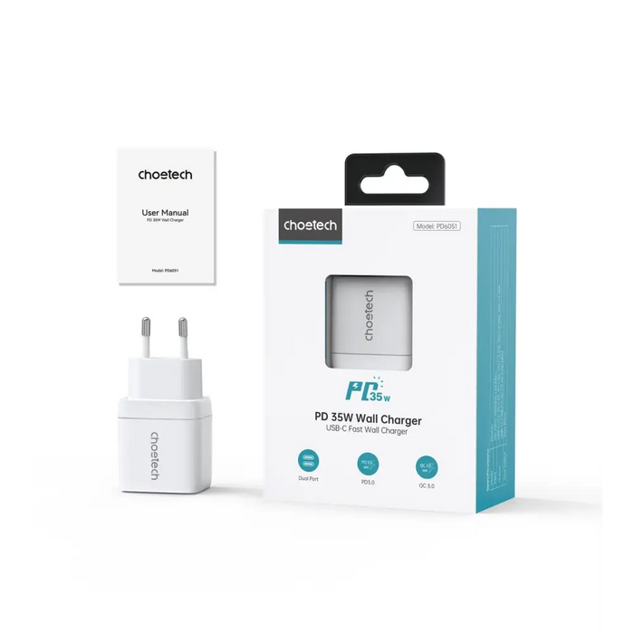 Choetech PD6051 2x USB-C PD 35W GaN wall charger with display - white - Cell phone USB charger<<<HurtelXML