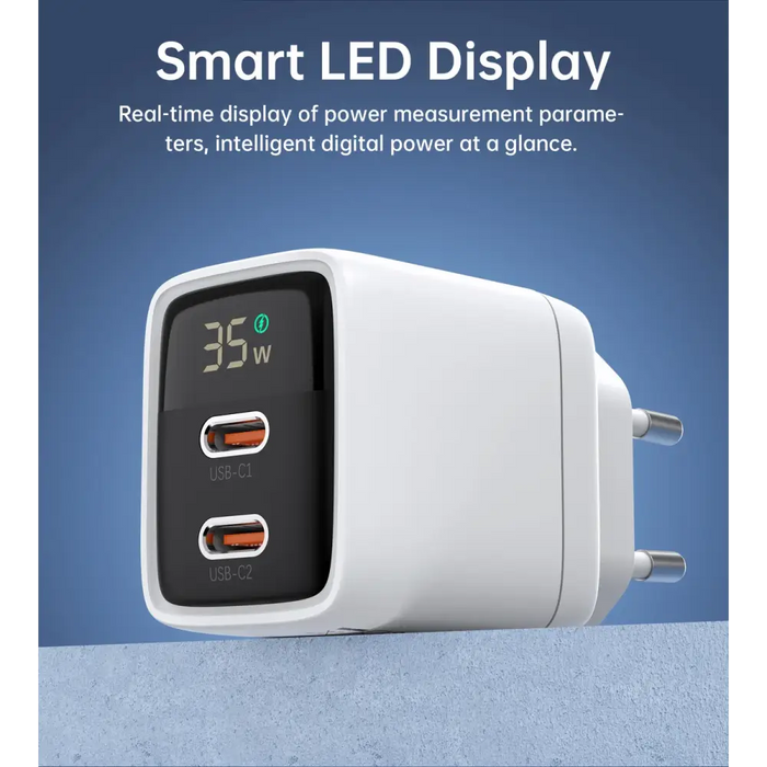 Choetech PD6051 2x USB-C PD 35W GaN wall charger with display - white - Cell phone USB charger<<<HurtelXML