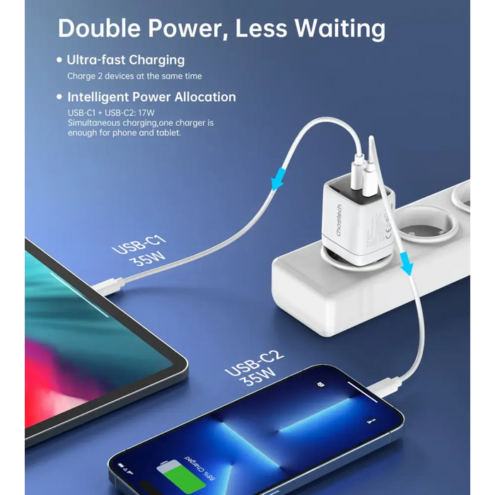 Choetech PD6051 2x USB-C PD 35W GaN wall charger with display - white - Cell phone USB charger<<<HurtelXML
