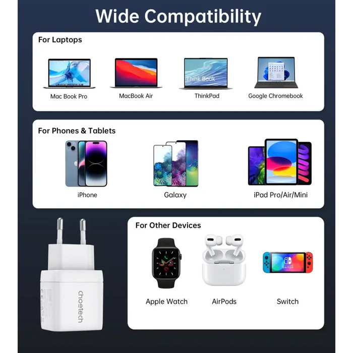 Choetech PD6051 2x USB-C PD 35W GaN wall charger with display - white - Cell phone USB charger<<<HurtelXML