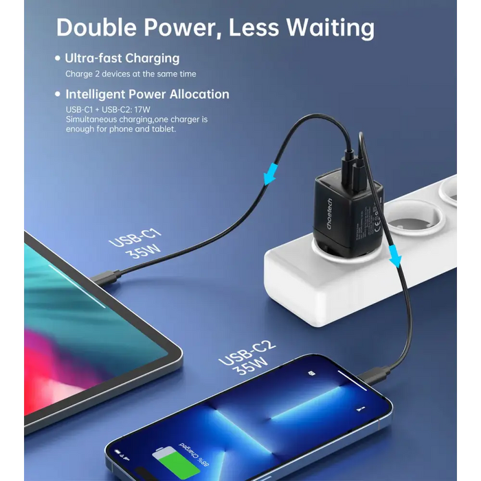 Choetech PD6051 USB-C USB-C PD 35W GaN wall charger with display - black - Cell phone USB charger<<<HurtelXML