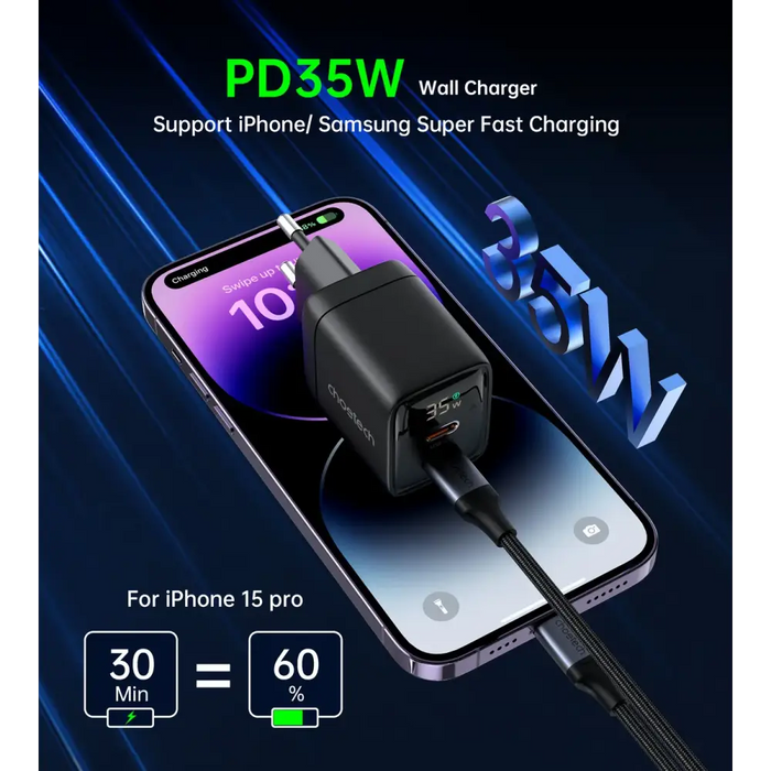 Choetech PD6051 USB-C USB-C PD 35W GaN wall charger with display - black - Cell phone USB charger<<<HurtelXML