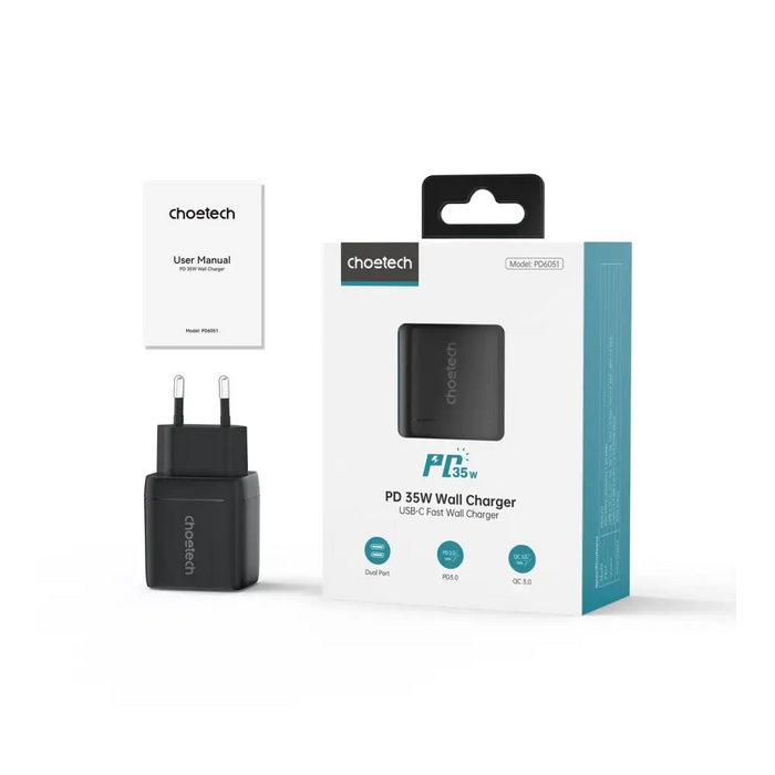 Choetech PD6051 USB-C USB-C PD 35W GaN wall charger with display - black - Cell phone USB charger<<<HurtelXML
