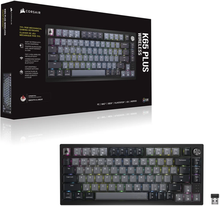 Corsair K65 Plus RGB 75% Wireless Mechanical Keyboard, HS, Corsair NLX Red Key Switches