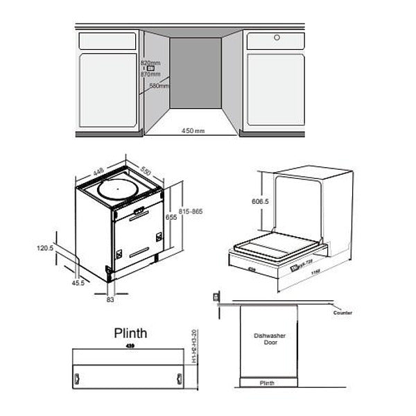 Built-in dishwasher Crown DWC4522BI, 10 place settings, 45 W, mm, E