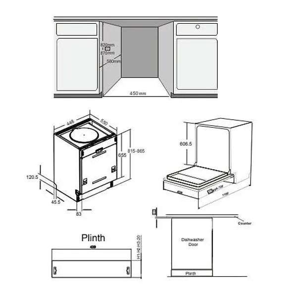 Built-in dishwasher Crown DWC4563BI, 10 place settings, 45 W, mm, C