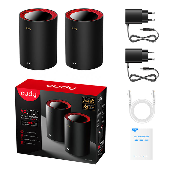 Cudy M3000 (2-Pack) AX3000 Wi-Fi 6 Mesh Dual-Band 2402Mbps at 5GHz + 574Mbps at 2.4GHz