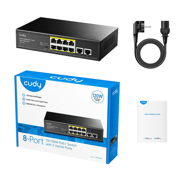 Switch Cudy FS1010P, 8 ports, 10/100, PoE+ Switch 120W, 2 x Uplink ports