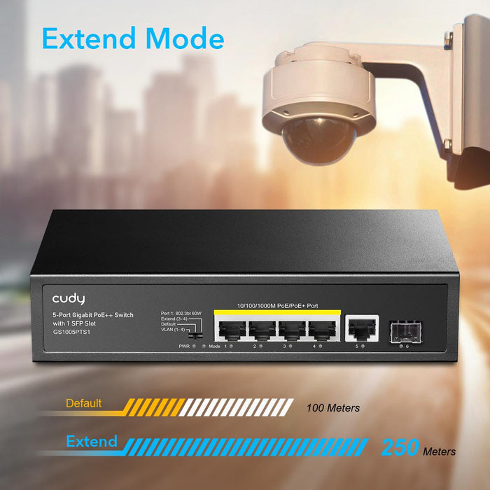 Switch Cudy GS1005PTS1, 5 ports, 10/100/1000, PoE+ Switch 120W, 1 SFP Slot