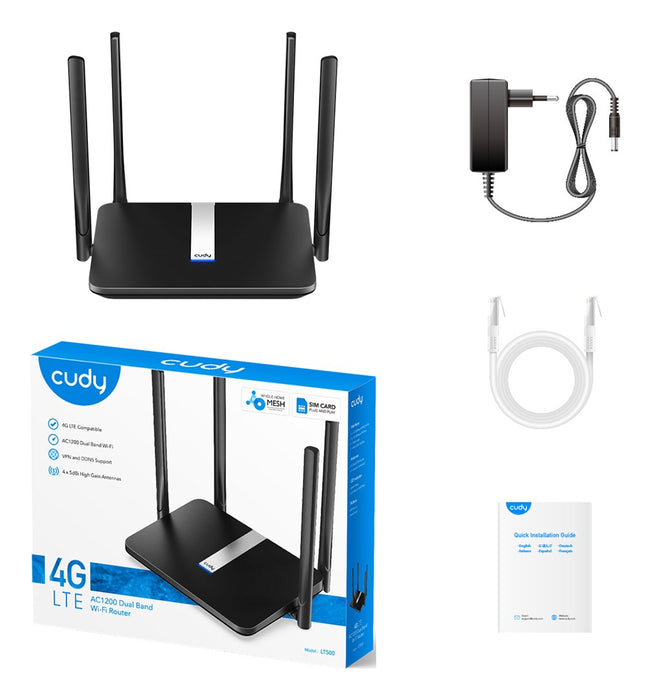 Wireless router Cudy LT500, 4G LTE AC1200, 2.4/5 GHz, 300 - 867 Mbps, 10/100