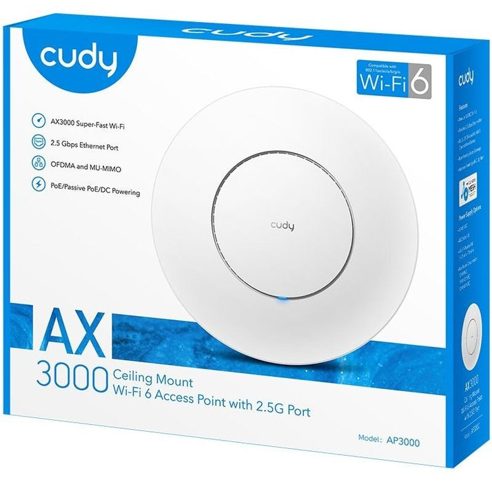Cudy AP3000 Wireless Access Point, AX3000, 2.4/5 GHz, 571 - 2402 Mbps, 1× 2.5 Gbps, DC Adapter