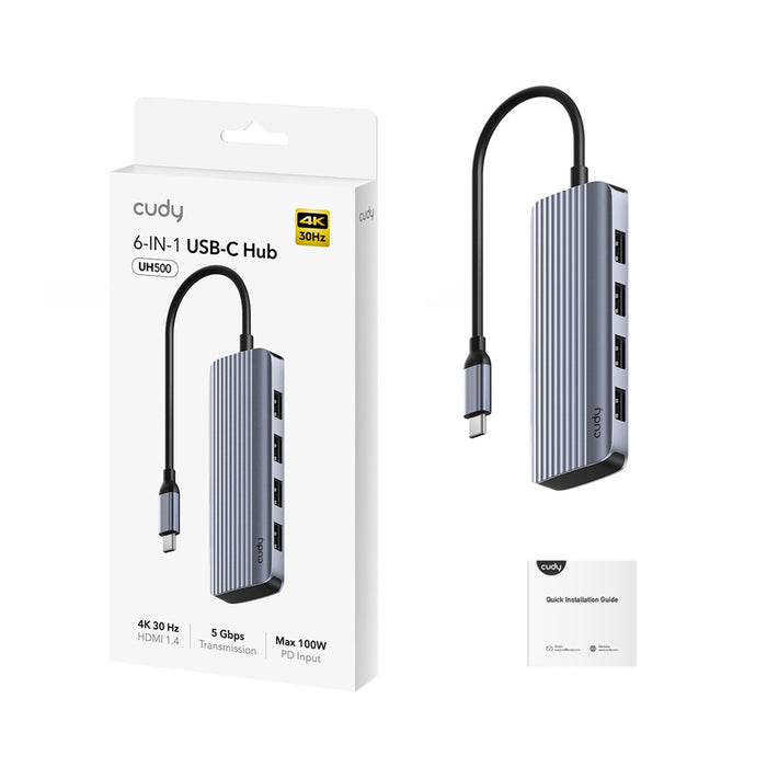 Cudy UH500 interface hub USB 3.2 Gen 1 (3.1 Gen 1) Type-C 5000 Mbit/s Grey, Silver