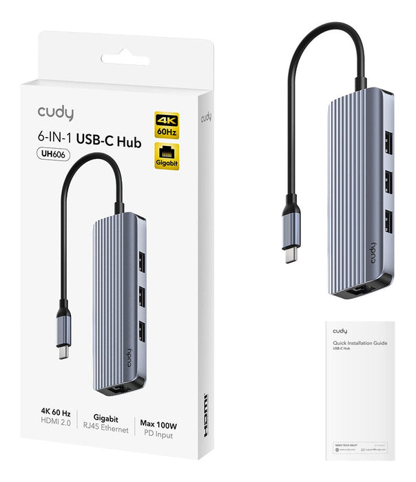 Cudy UH606 laptop dock/port replicator Wired USB 3.2 Gen 1 (3.1 Gen 1) Type-C Grey, Silver