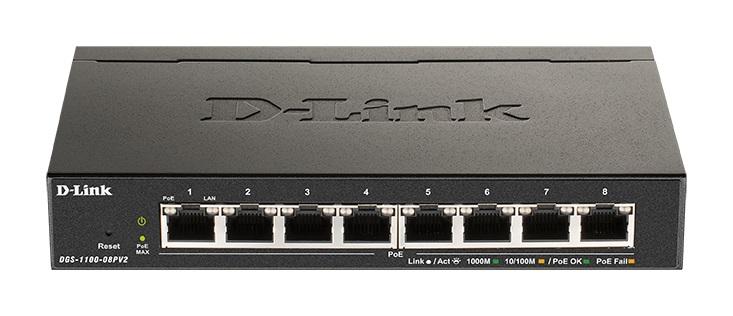 Switch D-Link DGS-1100-08PV2/E, 8-port PoE 10/100/1000 Gigabit Smart Switch, managed, for mounting in a cabinet