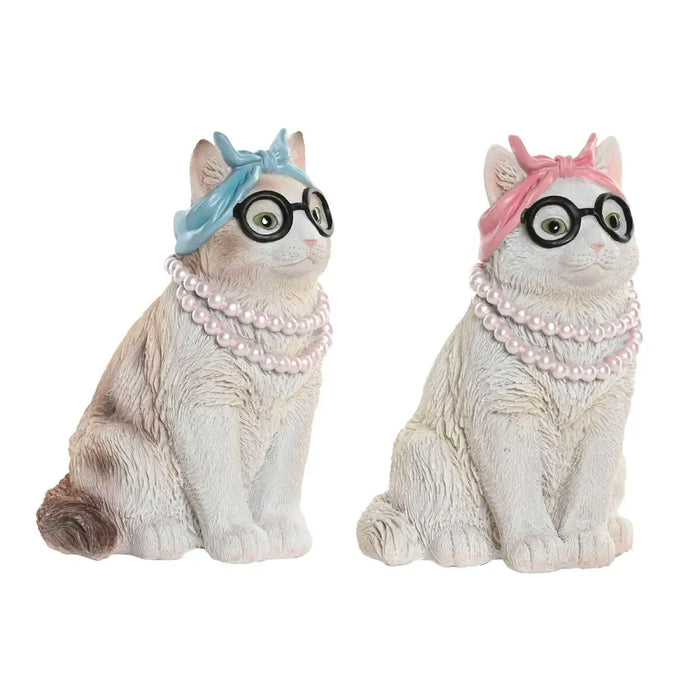 Decorative Figure Home ESPRIT Blue White Pink Cat 13,5 X 13 X 19,5 CM (2 Units) - Декорация и Осветление<<<Дом