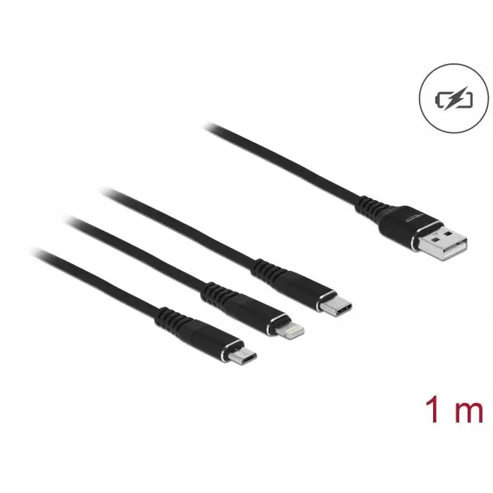 Delock 3 in 1 charging cable USB - Lightning Micro USB- USB-C 1m Black - Кабели за мобилни