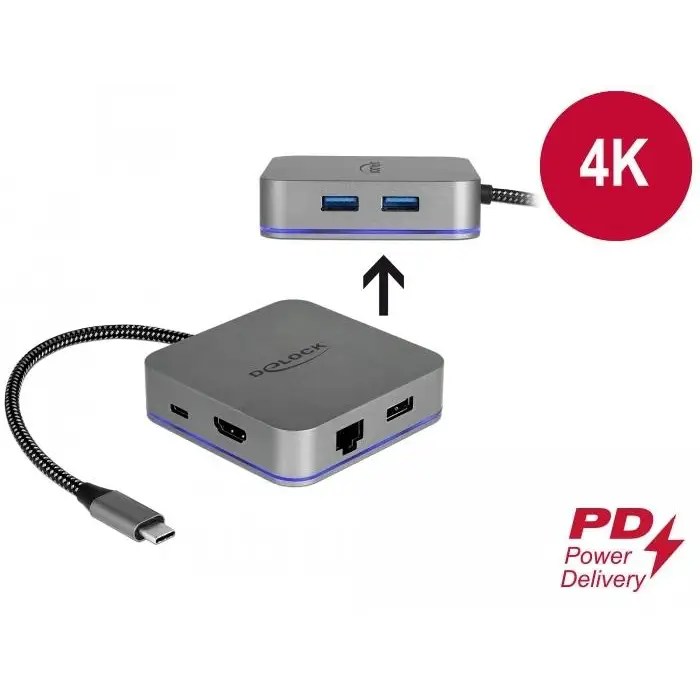 Delock docking station USB-A USB-C HDMI Gigabit LAN PD Backlight Gray - Аксесоари за лаптопи/таблети<<<Лаптопи таблети