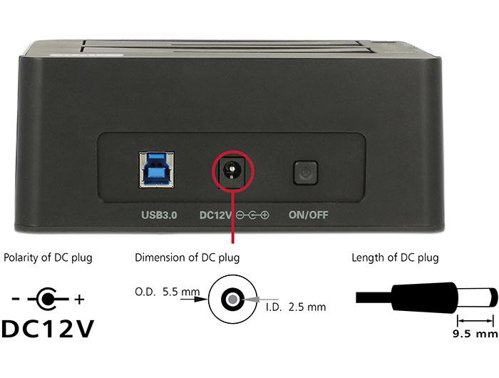 External docking station Delock 62661, for 2.5"/3.5" HDD/SSD, USB 3.0, Clone function, Black
