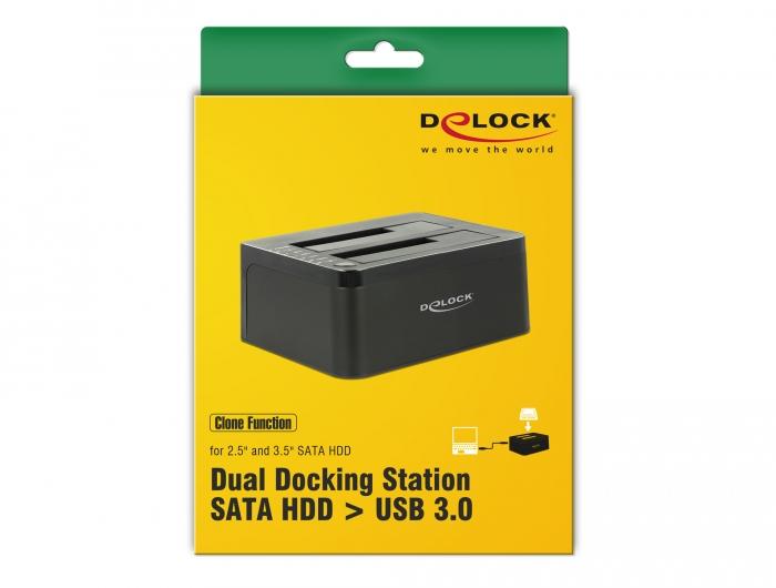 External docking station Delock 62661, for 2.5"/3.5" HDD/SSD, USB 3.0, Clone function, Black