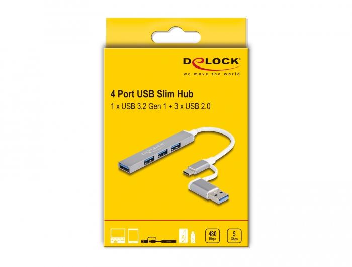 Delock USB hub, USB-C / USB-A - 3 x USB-A 2.0 + 1 x USB-A 5 Gbps