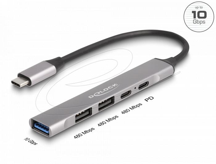 Delock Hub USB-C, 4 ports, 1 x USB-A 10 Gbps, 2 x USB-A, 1 x USB-C, USB-C PD 95 W