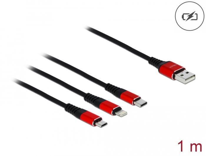 Delock 3 in 1 charging cable, USB - Lightning/ Micro USB/ USB-C, 1m, Black/Red