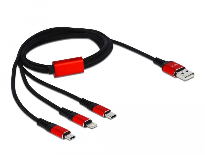 Delock 3 in 1 charging cable, USB - Lightning/ Micro USB/ USB-C, 1m, Black/Red
