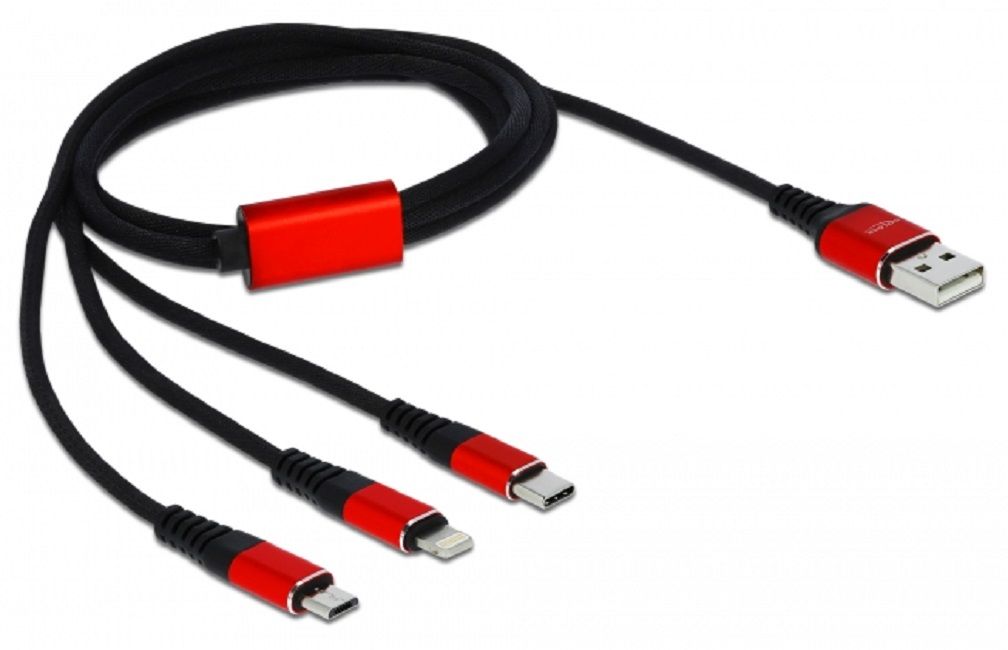 Delock 3 in 1 charging cable, USB - Lightning/ Micro USB/ USB-C, 1m, Black/Red