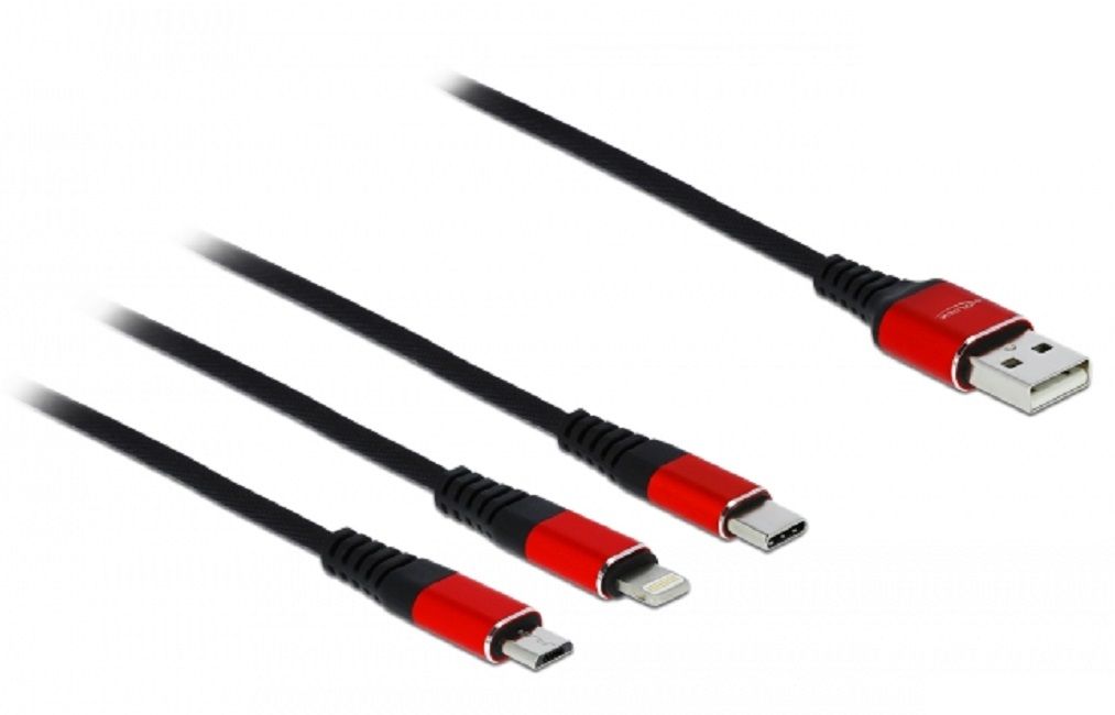 Delock 3 in 1 charging cable, USB - Lightning/ Micro USB/ USB-C, 1m, Black/Red