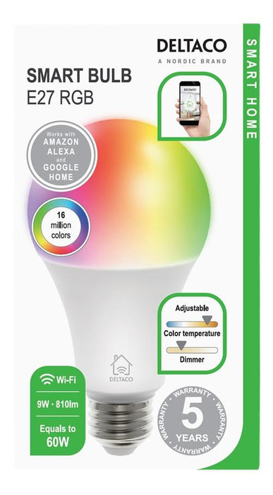 Smart RGB bulb DELTACO SH-LE27RGB, E27, WiFI 2.4GHz, 9W, 810lm, dimmable, White