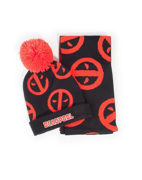 DIFUZED Deadpool Scarf and Hat Set, Symbol, Black/Red
