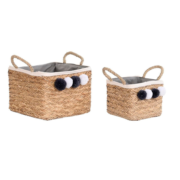 Basket set DKD Home Decor Natural Fibre Pompoms 33 x 33 x 25 cm