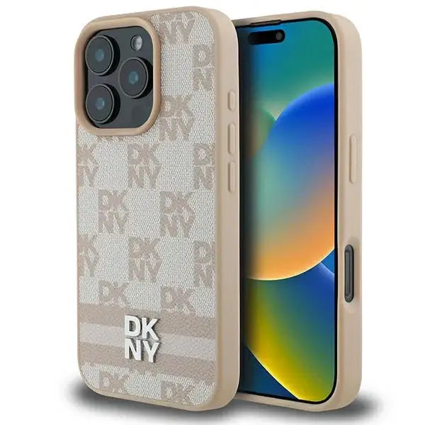 DKNY Checkered Pattern & Printed Stripes iPhone 16 Pro Case - Pink - Cell phone cases and covers<<<HurtelXML