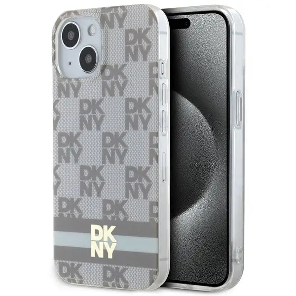 DKNY IML Checkered Mono Pattern & Printed Stripes MagSafe Case for iPhone 15 Plus / 14 Plus - Beige - Cell phone cases