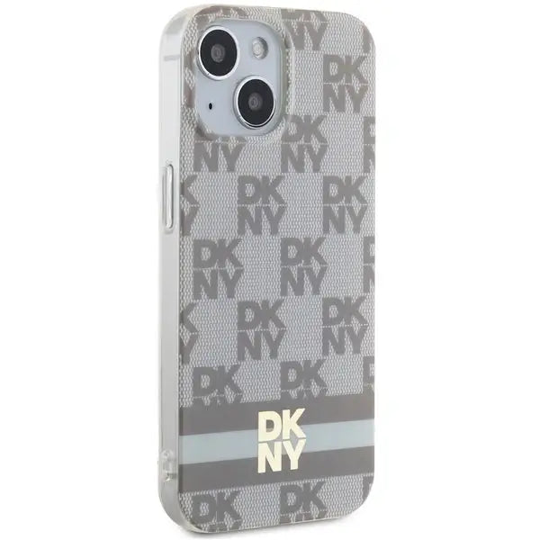 DKNY IML Checkered Mono Pattern & Printed Stripes MagSafe Case for iPhone 15 Plus / 14 Plus - Beige - Cell phone cases