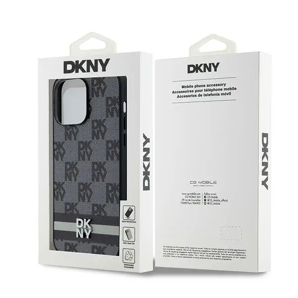 DKNY Leather Checkered Mono Pattern & Printed Stripes Case for iPhone 14 Pro Max - Black - Cell phone cases