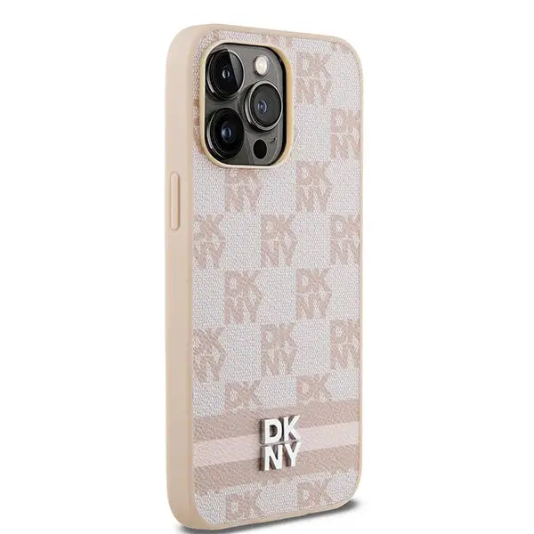 DKNY Leather Checkered Mono Pattern & Printed Stripes case for iPhone 14 Pro Max - pink - Cell phone cases