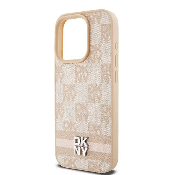 DKNY Leather Checkered Mono Pattern & Printed Stripes case for iPhone 15 Pro Max - pink - Cell phone cases