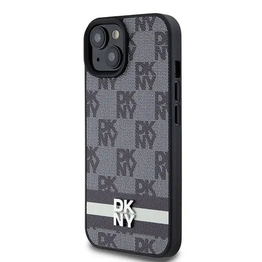 DKNY Leather Checkered Mono Pattern & Printed Stripes Case for iPhone 15/14/13 - Black - Cell phone cases