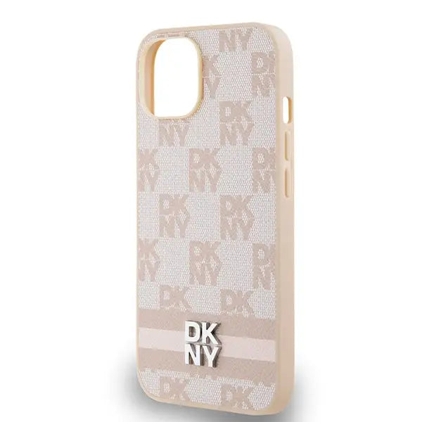 DKNY Leather Checkered Mono Pattern & Printed Stripes Case for iPhone 15 Plus / 14 Plus - Pink - Cell phone cases