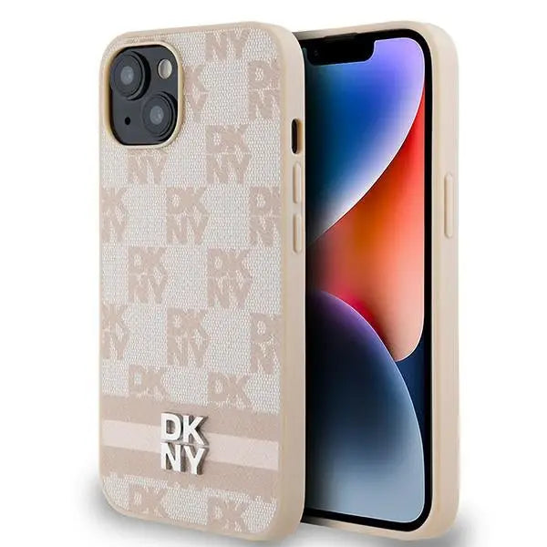 DKNY Leather Checkered Mono Pattern & Printed Stripes Case for iPhone 15 Plus / 14 Plus - Pink - Cell phone cases