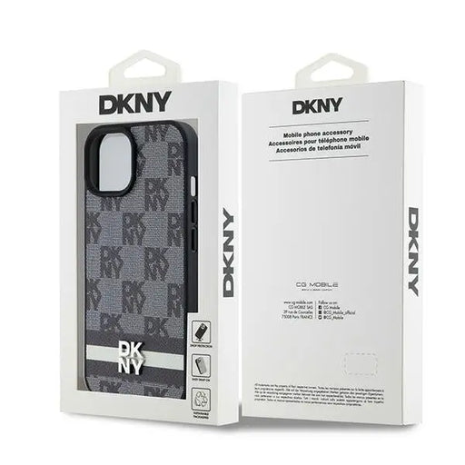 DKNY Leather Checkered Mono Pattern & Printed Stripes Case for iPhone 15 Plus / 14 Plus - Black - Cell phone cases