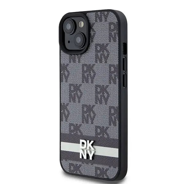 DKNY Leather Checkered Mono Pattern & Printed Stripes Case for iPhone 15 Plus / 14 Plus - Black - Cell phone cases